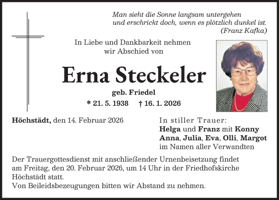 Traueranzeige von Erna Steckeler von Donau Zeitung