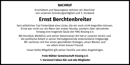 Traueranzeige von Ernst Berchtenbreiter von Friedberger Allgemeine