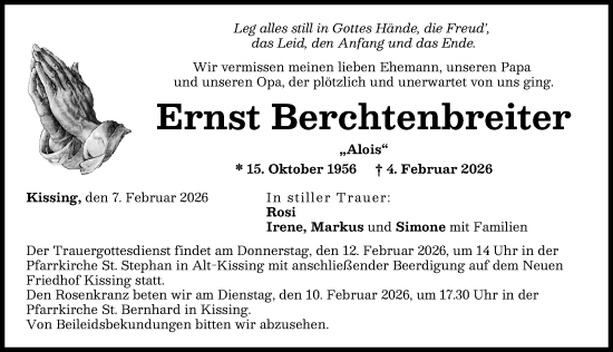 Traueranzeige von Ernst Berchtenbreiter von Friedberger Allgemeine