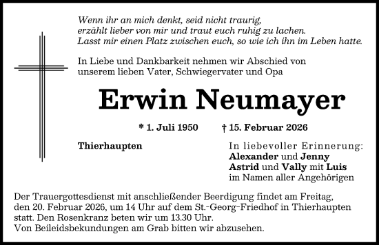 Traueranzeige von Erwin Neumayer von Augsburg-Land