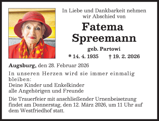 Traueranzeige von Fatema Spreemann von Augsburger Allgemeine