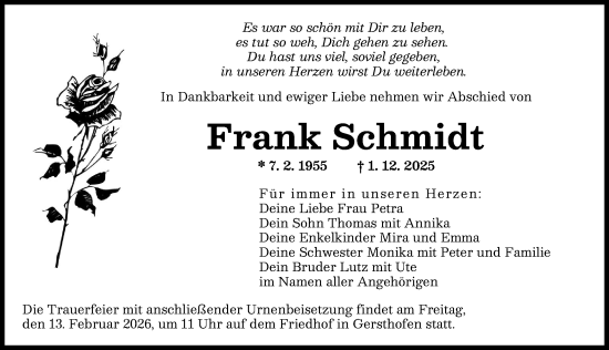 Traueranzeige von Frank Schmidt von Augsburger Allgemeine