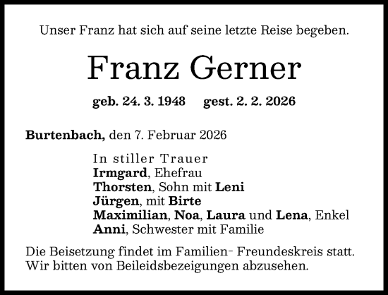 Traueranzeige von Franz Gerner von Günzburger Zeitung
