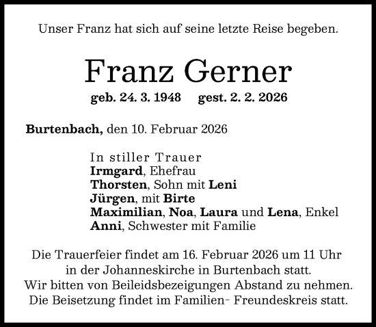 Traueranzeige von Franz Gerner von Günzburger Zeitung