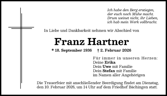 Traueranzeige von Franz Hartner von Donau Zeitung