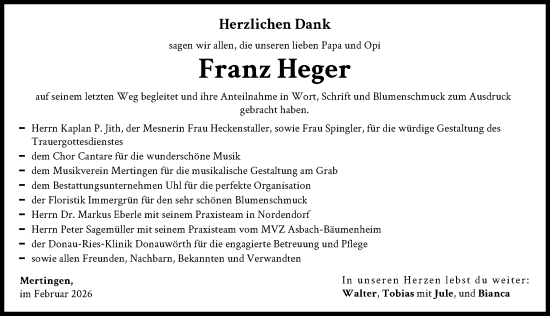 Traueranzeige von Franz Heger von Donauwörther Zeitung