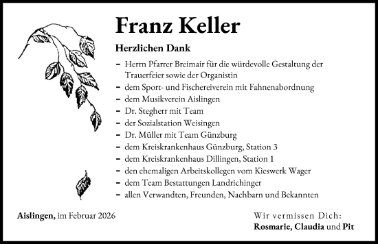Traueranzeige von Franz Keller von Donau Zeitung