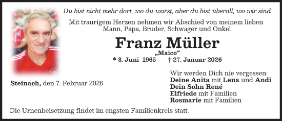 Traueranzeige von Franz Müller von Mindelheimer Zeitung