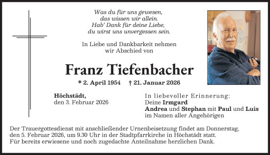 Traueranzeige von Franz Tiefenbacher von Donau Zeitung