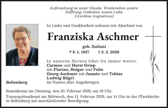 Traueranzeige von Franziska Aschmer von Illertisser Zeitung