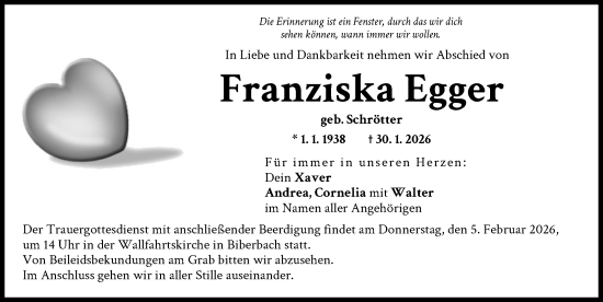 Traueranzeige von Franziska Egger von Augsburg-Land, Wertinger Zeitung