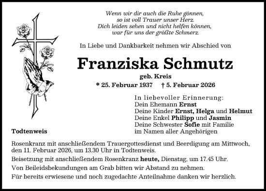 Traueranzeige von Franziska Schmutz von Aichacher Nachrichten