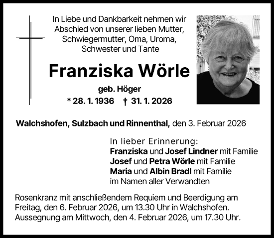 Traueranzeige von Franziska Wörle von Aichacher Nachrichten