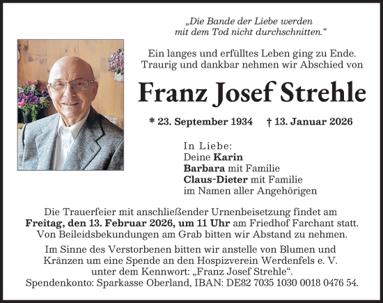 Traueranzeige von Franz Josef Strehle von Günzburger Zeitung