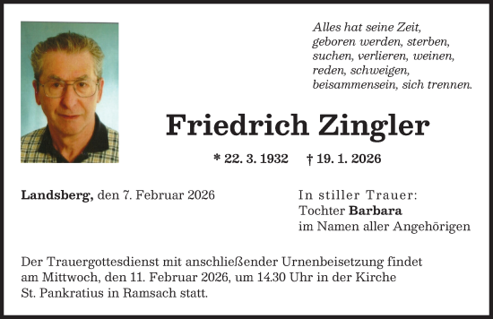 Traueranzeige von Friedrich Zingler von Landsberger Tagblatt