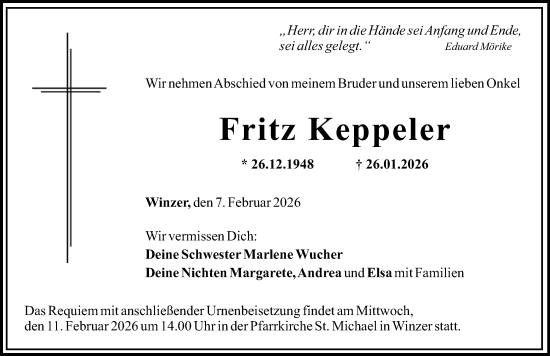 Traueranzeige von Fritz Keppeler von Mittelschwäbische Nachrichten