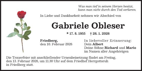 Traueranzeige von Gabriele Obleser von Friedberger Allgemeine