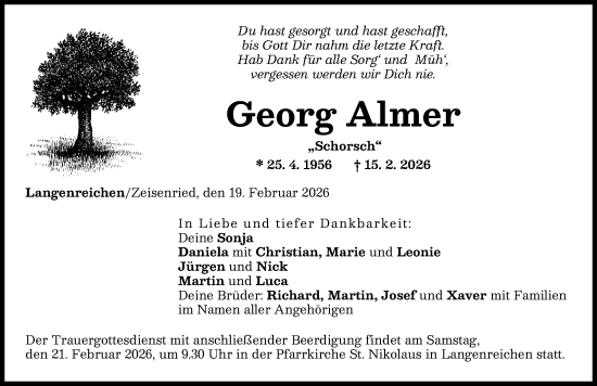 Traueranzeige von Georg Almer von Augsburg-Land, Wertinger Zeitung