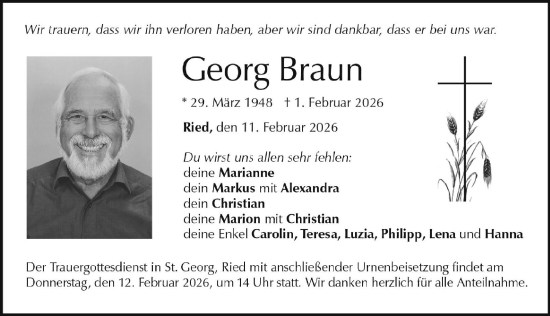 Traueranzeige von Georg Braun von Neuburger Rundschau
