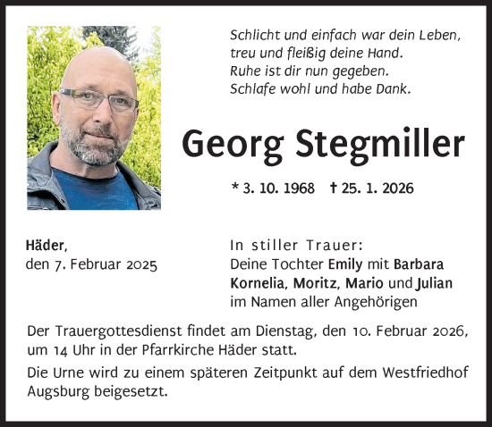 Traueranzeige von Georg Stegmiller von Augsburg-Land