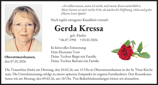 Traueranzeige von Gerda Kressa von Augsburger Allgemeine, Schwabmünchner Allgemeine