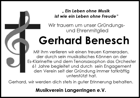 Traueranzeige von Gerhard Benesch von Schwabmünchner Allgemeine