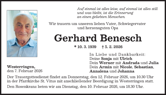 Traueranzeige von Gerhard Benesch von Schwabmünchner Allgemeine