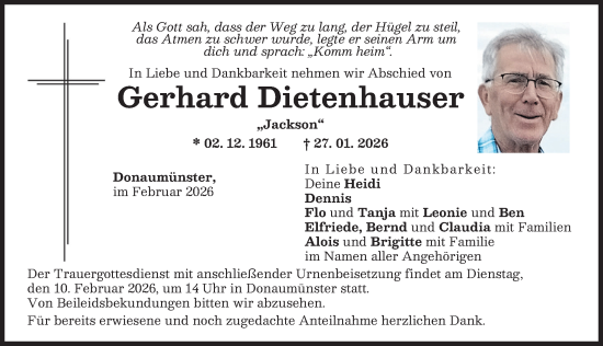 Traueranzeige von Gerhard Dietenhauser von Donauwörther Zeitung