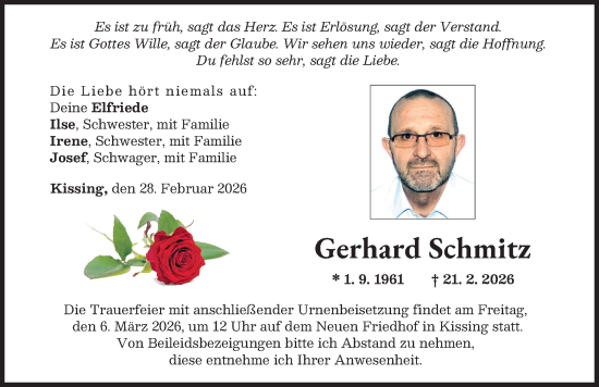 Traueranzeige von Gerhard Schmitz von Augsburger Allgemeine, Friedberger Allgemeine