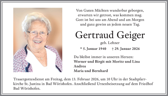 Traueranzeige von Gertraud Geiger von Mindelheimer Zeitung