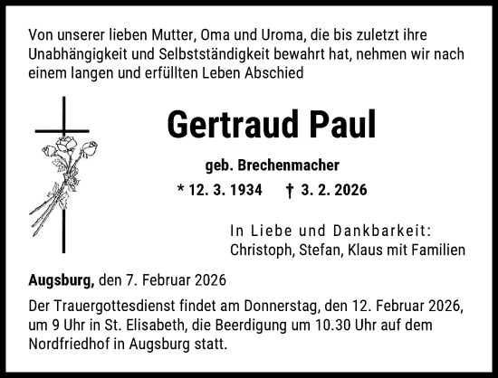Traueranzeige von Gertraud Paul von Augsburger Allgemeine