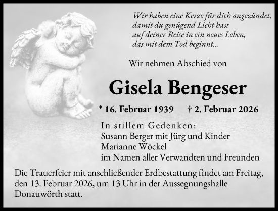 Traueranzeige von Gisela Bengeser von Donauwörther Zeitung