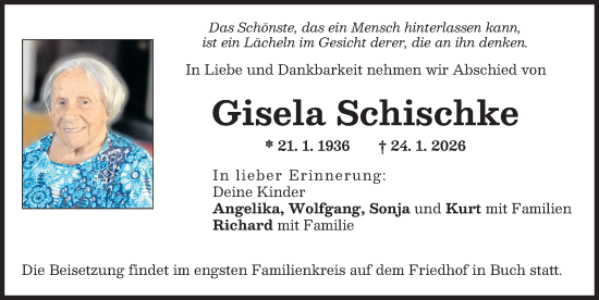 Traueranzeige von Gisela Schischke von Illertisser Zeitung