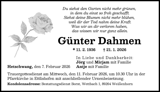 Traueranzeige von Günter Dahmen von Günzburger Zeitung