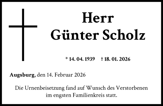 Traueranzeige von Günter Scholz von Augsburger Allgemeine