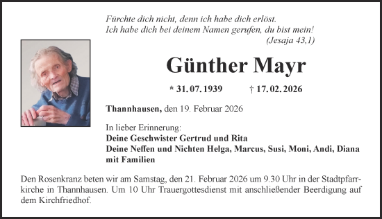 Traueranzeige von Günther Mayr von Mittelschwäbische Nachrichten