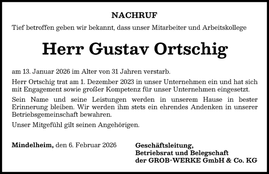 Traueranzeige von Gustav Ortschig von Mindelheimer Zeitung