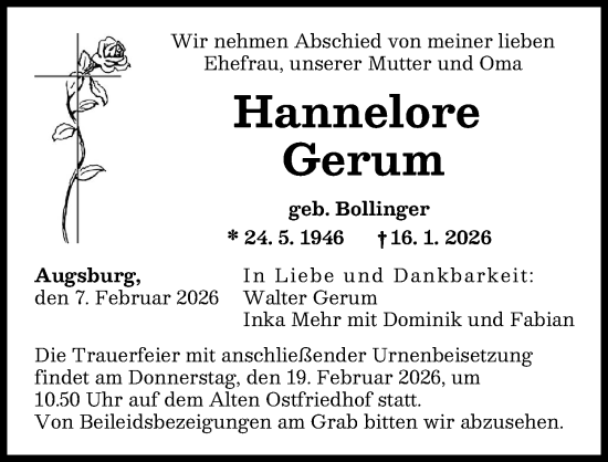 Traueranzeige von Hannelore Gerum von Augsburger Allgemeine