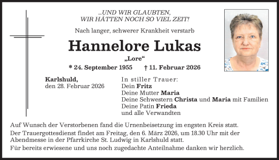 Traueranzeige von Hannelore Lukas von Neuburger Rundschau