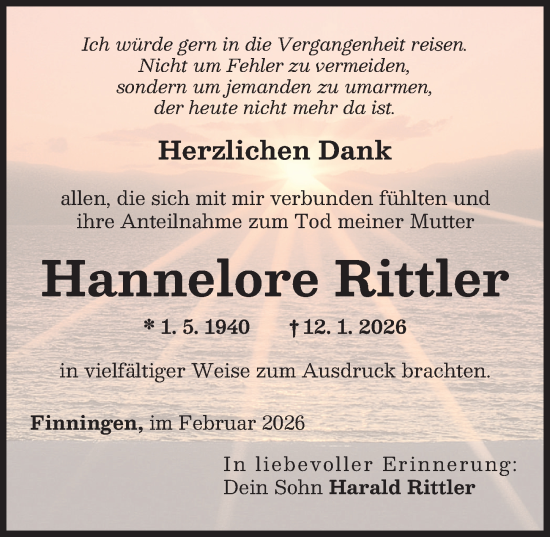 Traueranzeige von Hannelore Rittler von Neu-Ulmer Zeitung