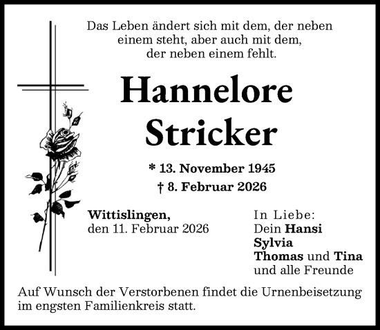 Traueranzeige von Hannelore Stricker von Donau Zeitung