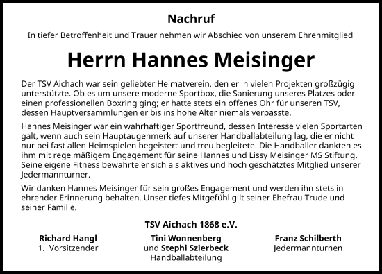 Traueranzeige von Hannes Meisinger von Aichacher Nachrichten