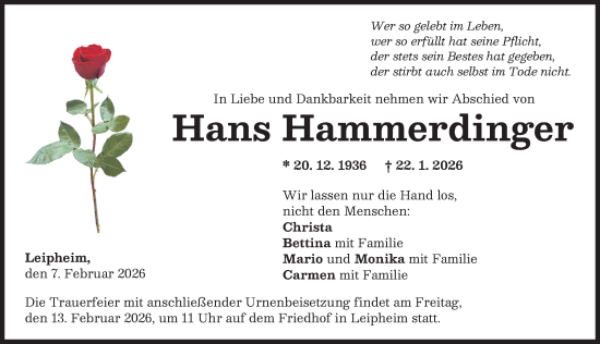 Traueranzeige von Hans Hammerdinger von Günzburger Zeitung