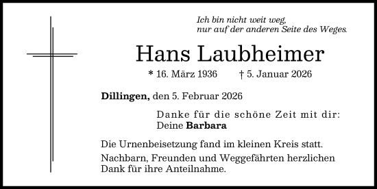 Traueranzeige von Hans Laubheimer von Donau Zeitung