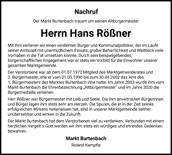 Traueranzeige von Hans Rößner von Günzburger Zeitung, Mittelschwäbische Nachrichten