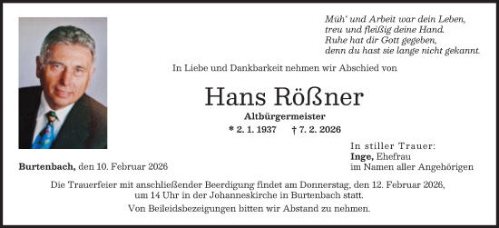 Traueranzeige von Hans Rößner von Günzburger Zeitung
