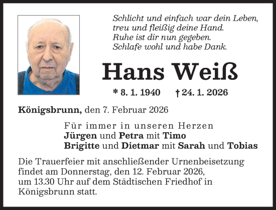 Traueranzeige von Hans Weiß von Schwabmünchner Allgemeine