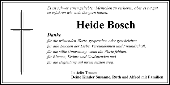 Traueranzeige von Heide Bosch von Mittelschwäbische Nachrichten