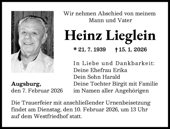 Traueranzeige von Heinz Lieglein von Augsburger Allgemeine