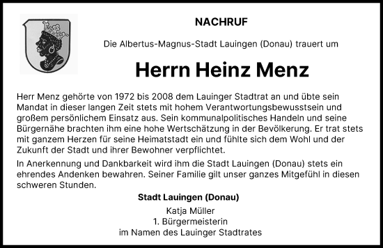 Traueranzeige von Heinz Menz von Donau Zeitung